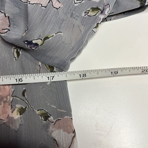 EXPRESS gray floral blouse long sleeves sheer fabric ties at neck high collar S - Picture 10 of 11